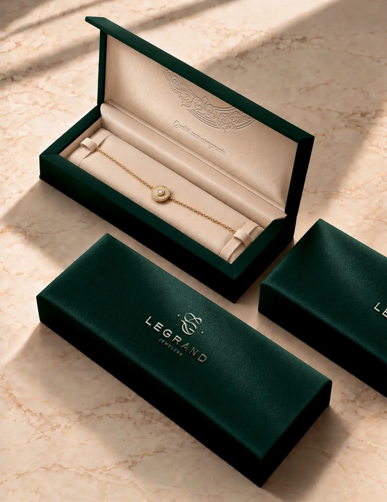 Sistem de cutii alungite LeGrand Jewelers din catifea verde pentru bijuterii fine.