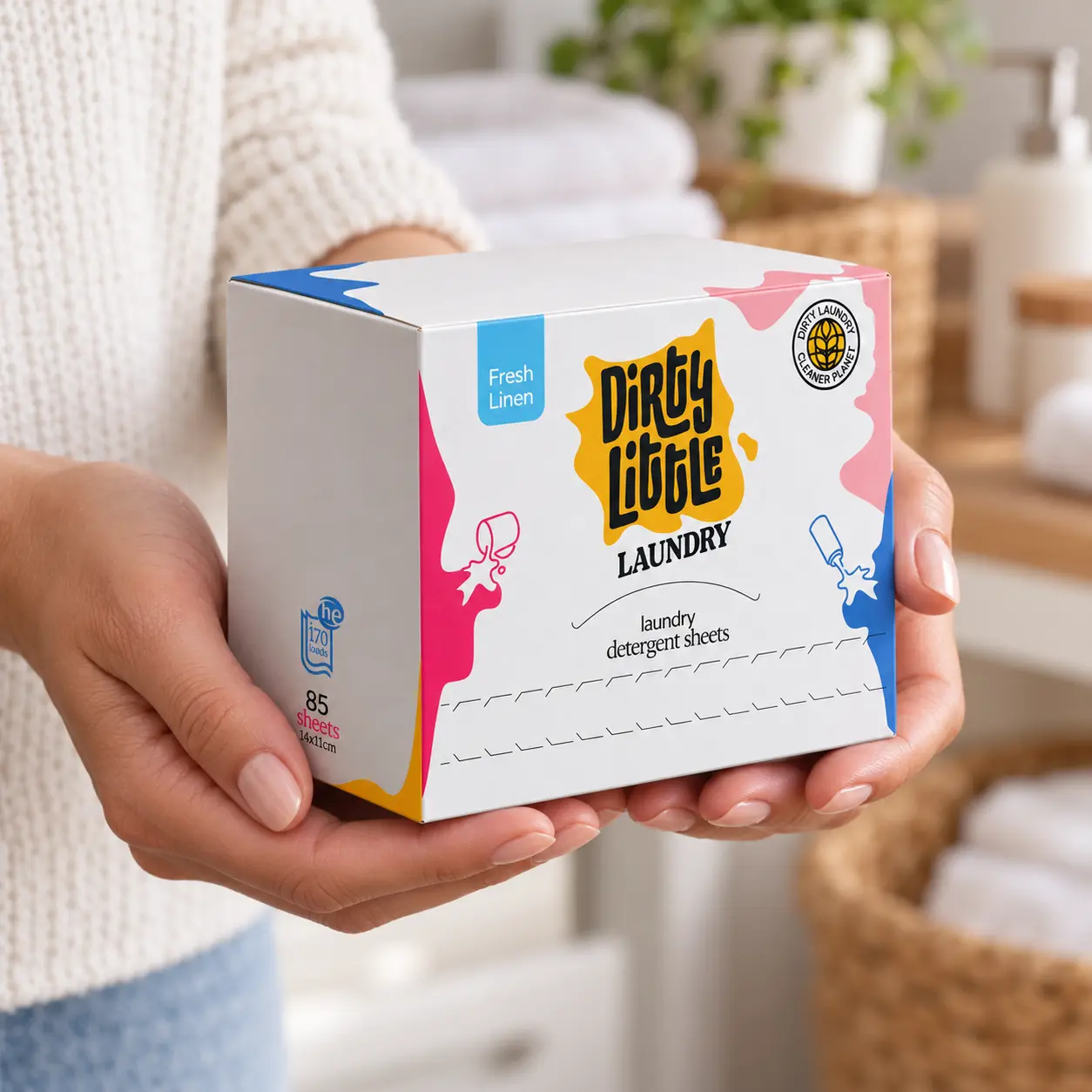 Ambalajul Dirty Little Laundry pentru foi de detergent, ținut în mâini într-o cameră de spălat.