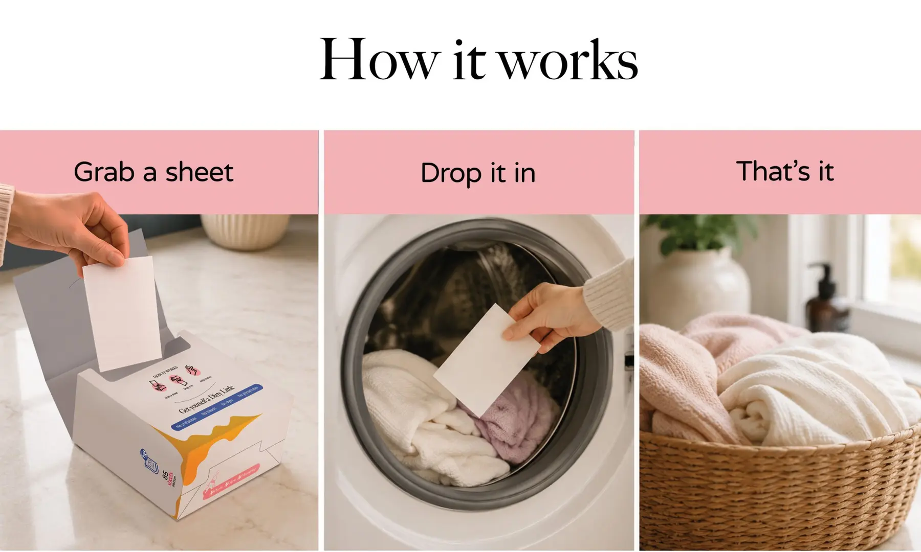 Pașii de utilizare ai foilor de detergent Dirty Little: iei foaia, o pui în mașină și speli.