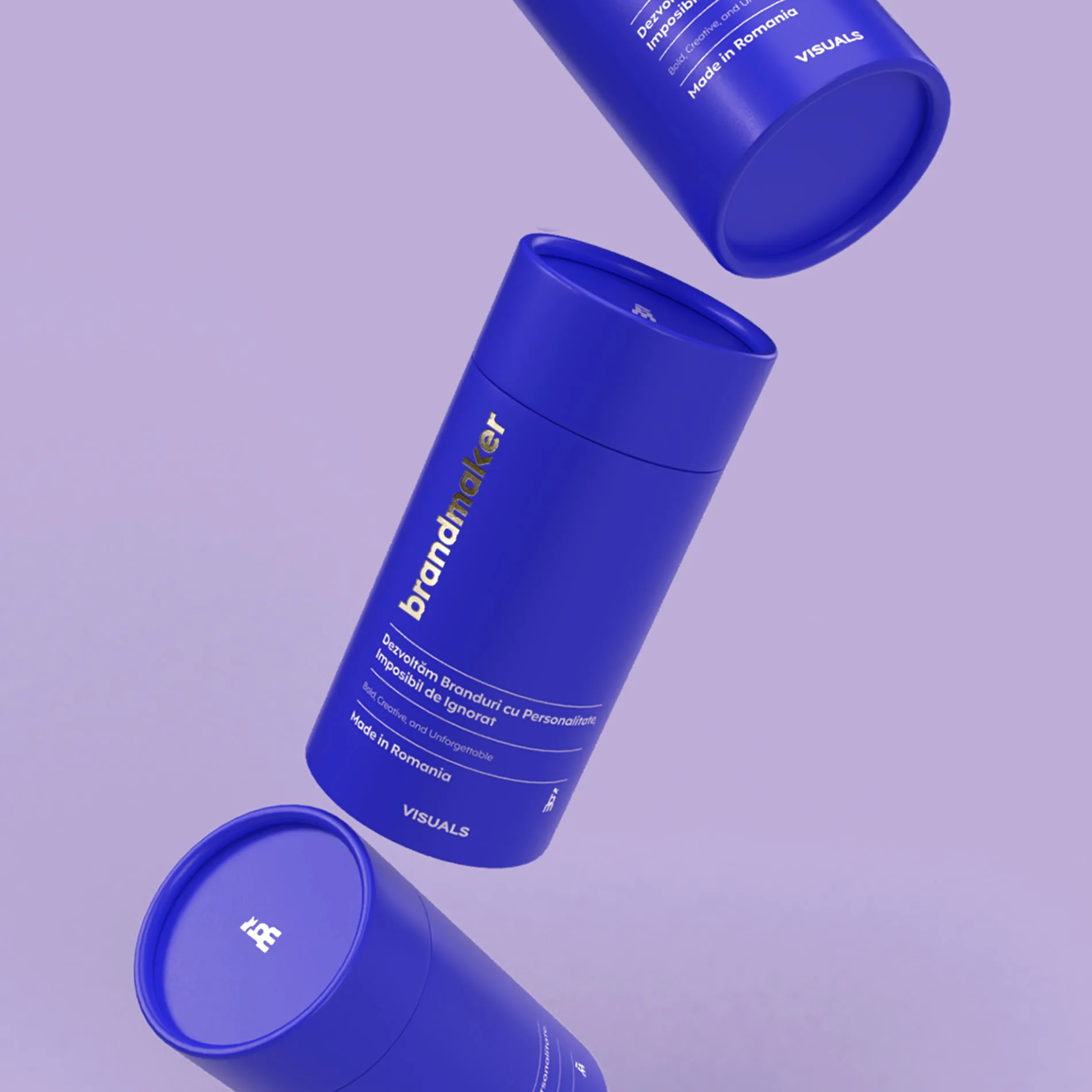 Ambalaj cilindric albastru pentru produs skincare, creat de Brandmaker.