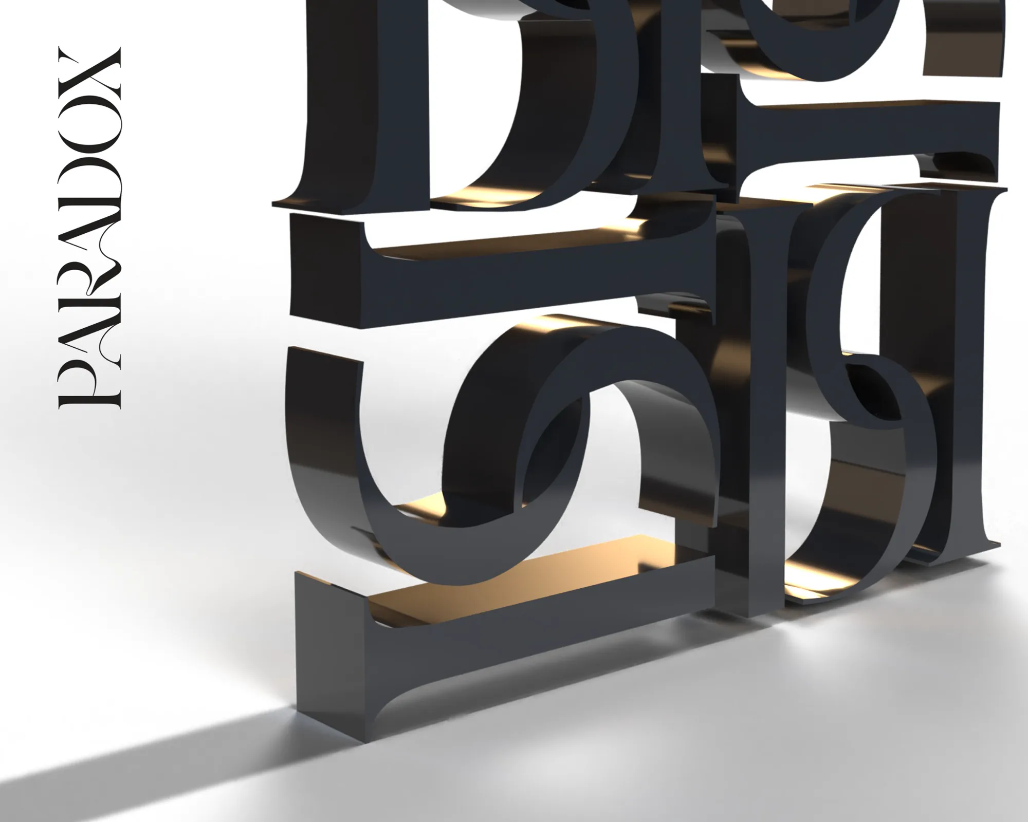 Identitate vizuală Paradox construită din forme tipografice sculpturale.