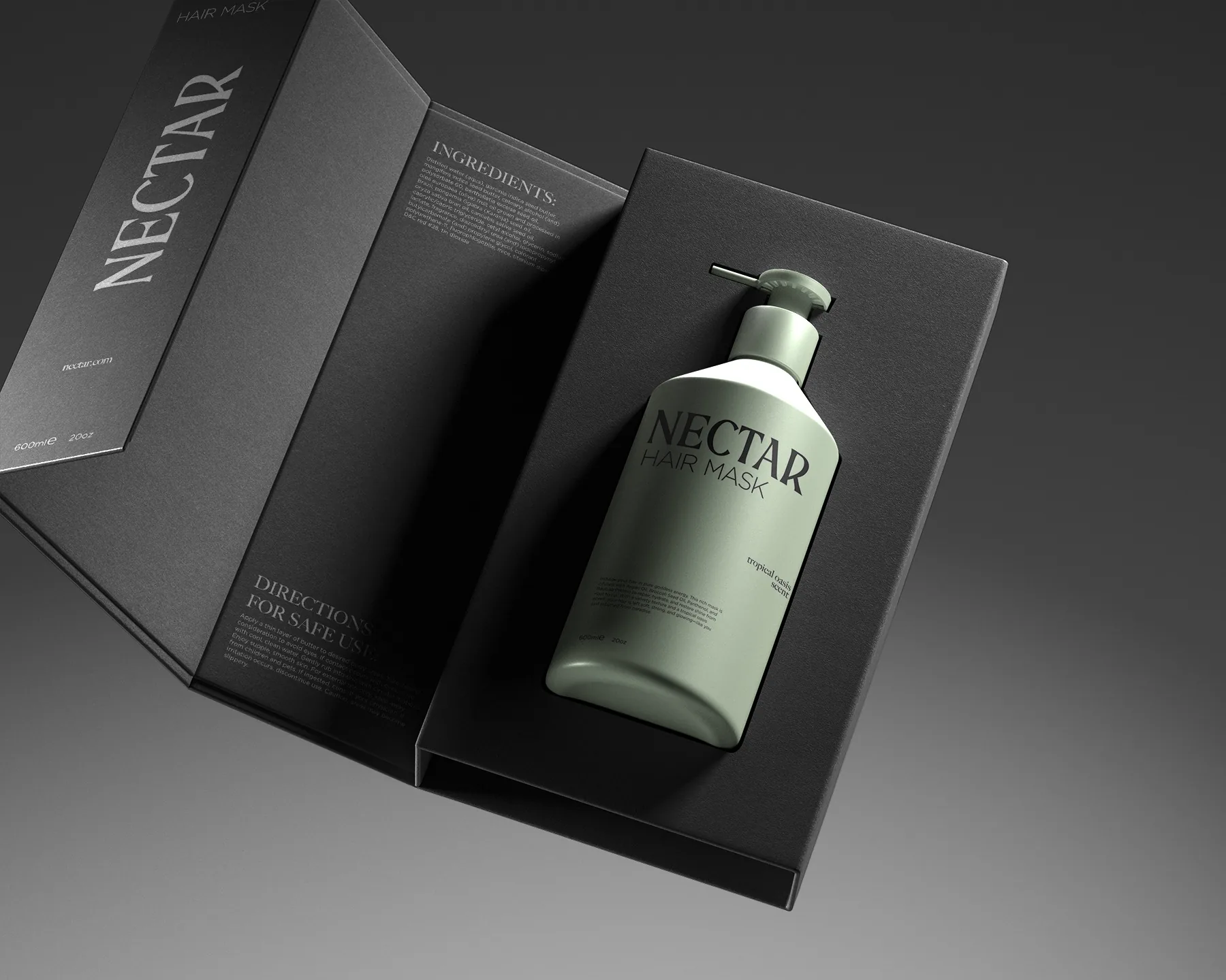 Ambalaj premium Nectar pentru produs cosmetic, prezentat într-o cutie rigidă neagră.