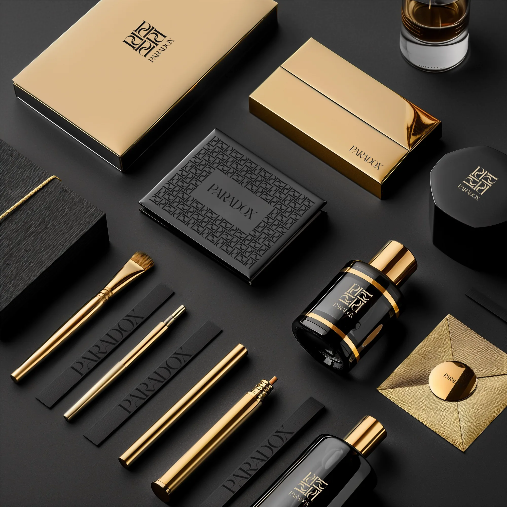 Design premium de ambalaj pentru gama cosmetică Paradox, în finisaje negre și aurii.