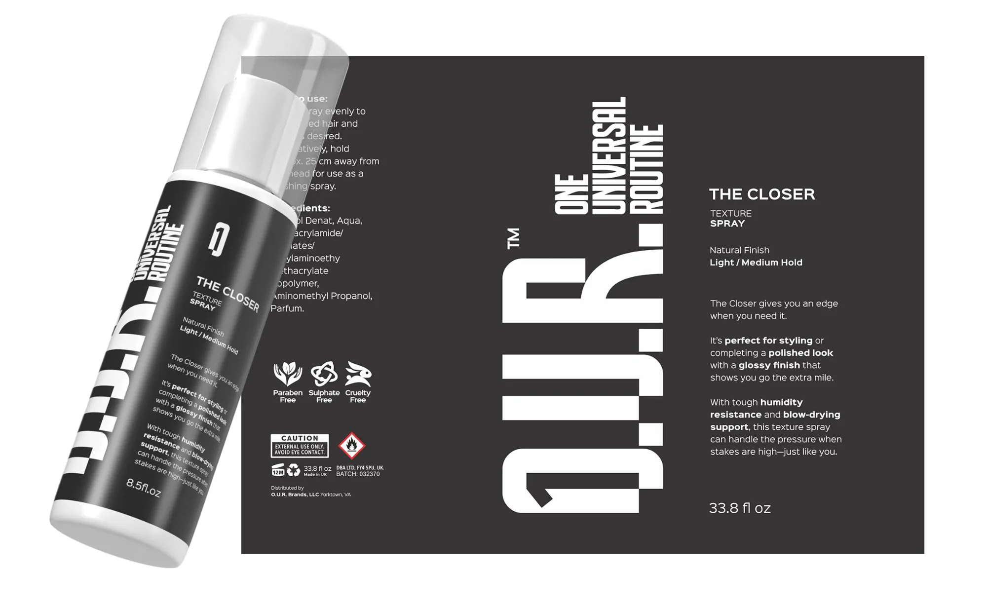 Designul etichetei The Closer pentru spray-ul de îngrijire masculină O.U.R.