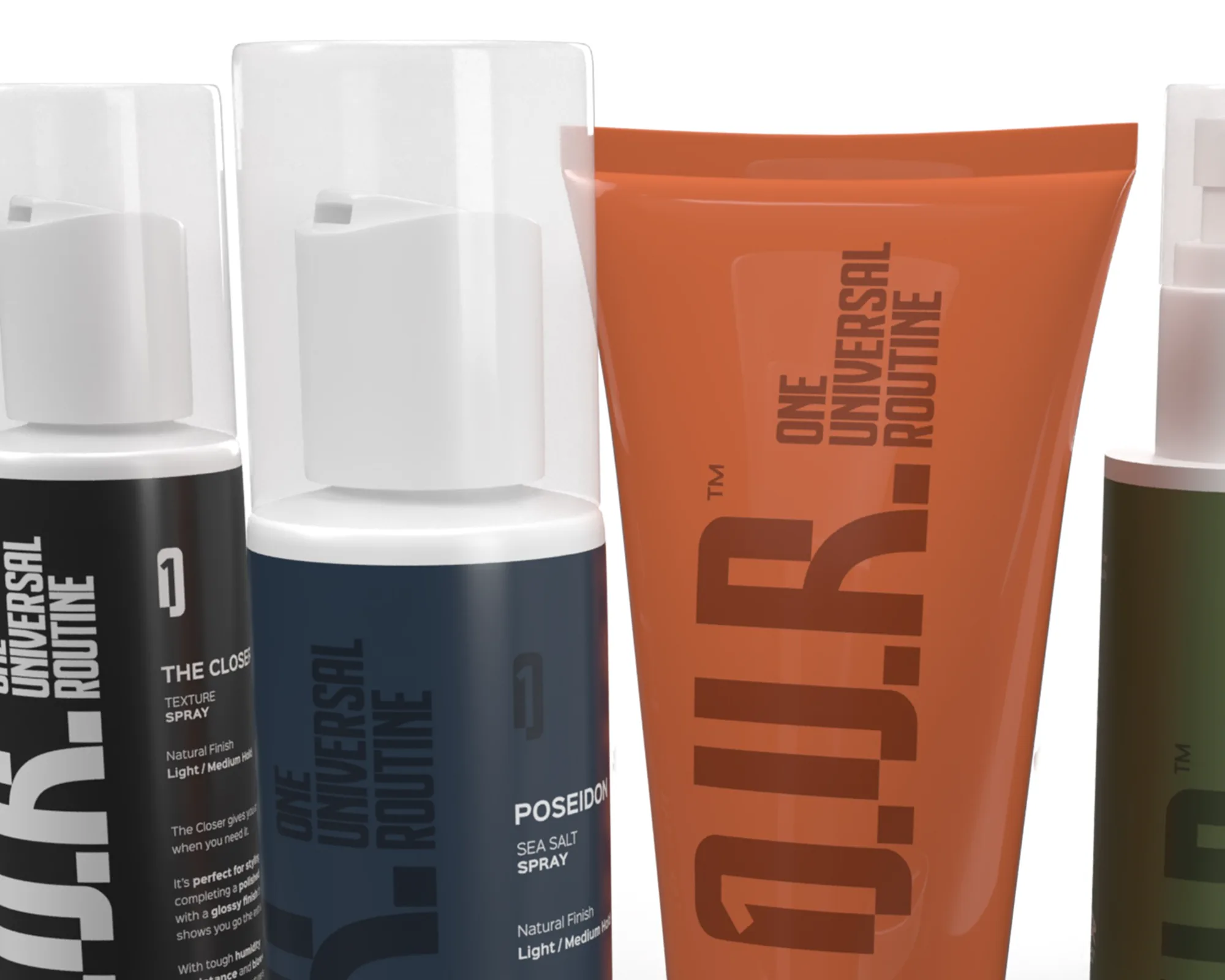 Gama completă O.U.R. One Universal Routine în variante de culoare pentru produse masculine.