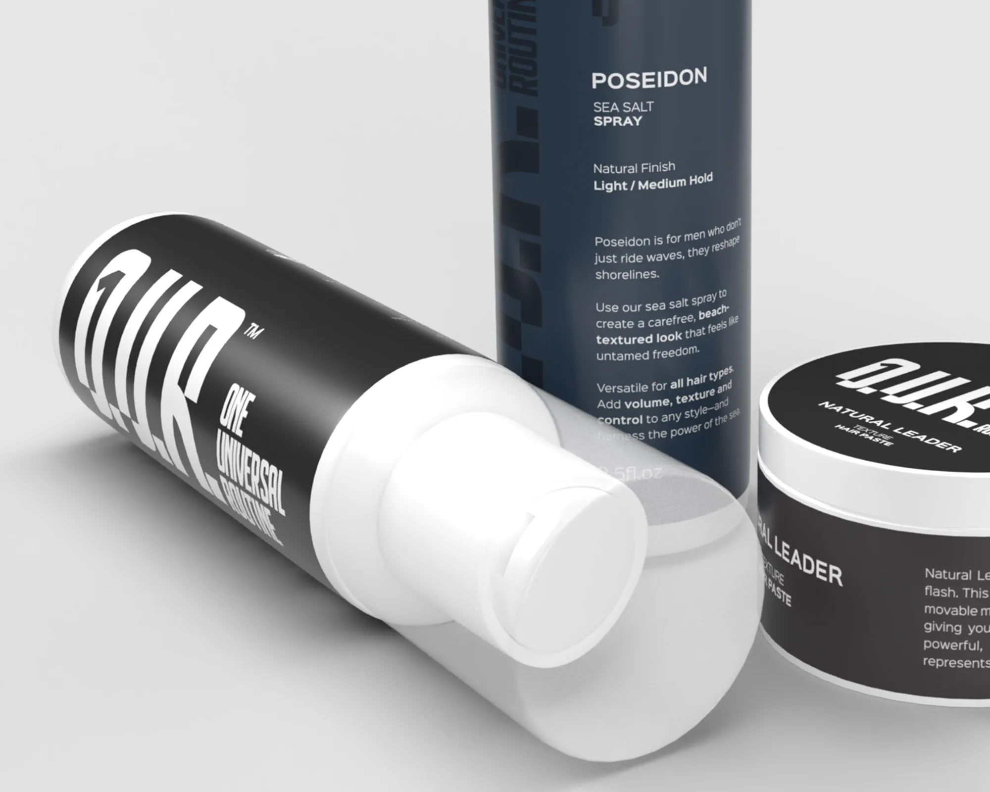 Trei produse O.U.R. cu ambalaje adaptate formatelor spray, flacon și recipient cu capac.