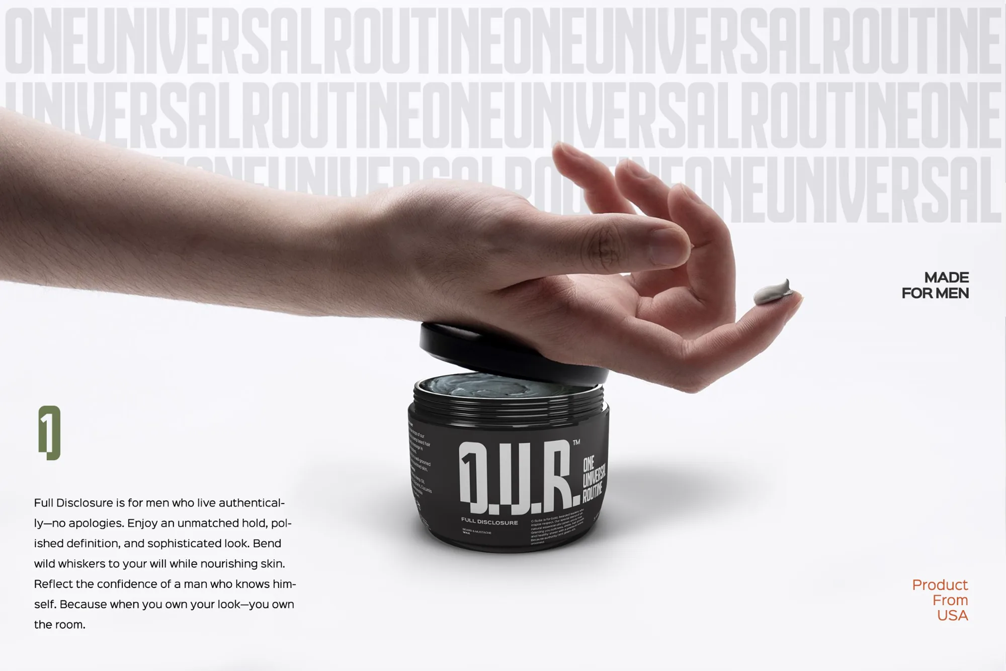 Material publicitar O.U.R. pentru un produs premium de styling masculin.