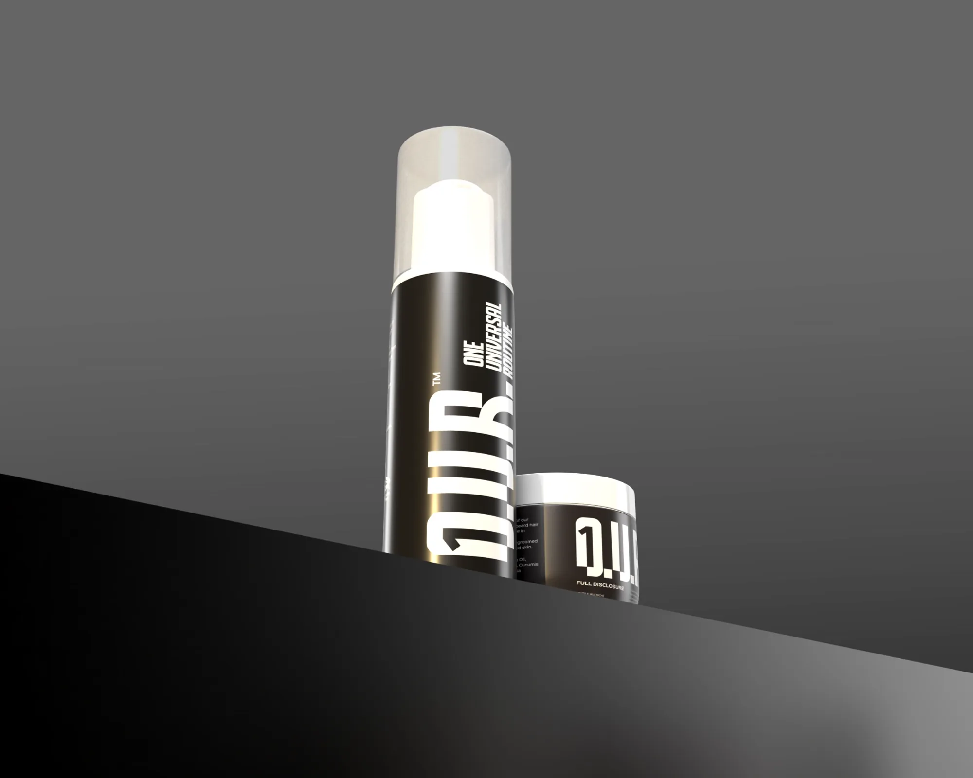 Produse premium O.U.R. pentru îngrijire masculină, prezentate pe fundal închis.