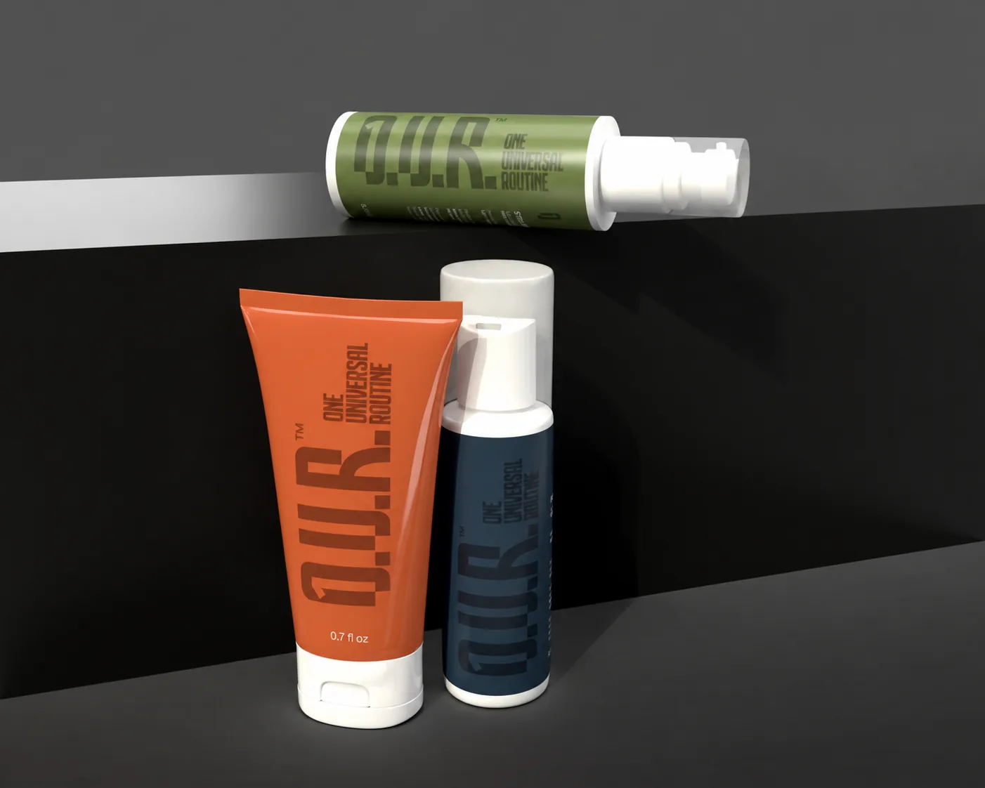 Sistemul de variante O.U.R. pentru produse de îngrijire masculină în culori diferențiate.