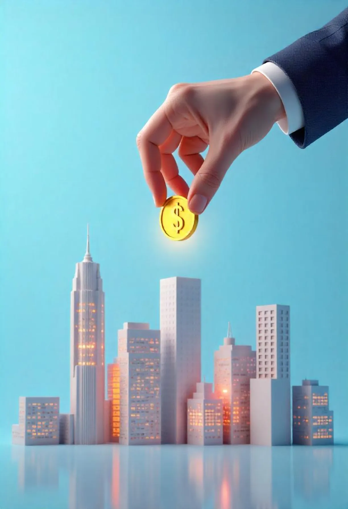 A hand holding a golden coin above a city skyline, symbolizing Fraxtional's expertise in securing money transmitter licensing and ensuring compliant financial operations.