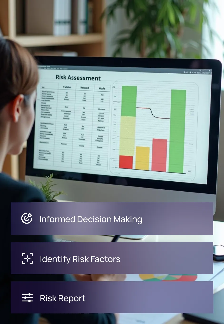 A professional analyzing a risk assessment chart on a computer screen, highlighting Fraxtional's identification of risk factors, risk reporting, and informed decision-making for private equity firms.