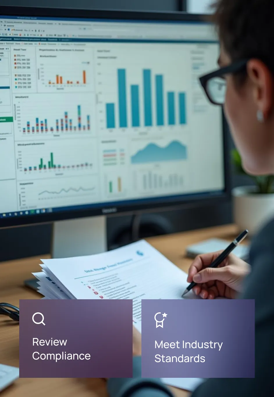 A professional reviewing compliance data on a computer screen displaying various charts and graphs, reflecting Fraxtional's review of compliance and meeting industry standards.