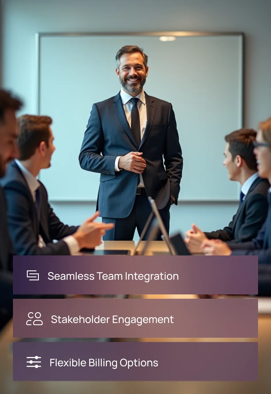 A professional presenting to a team in a meeting, showcasing Fraxtional's seamless team integration, stakeholder engagement, and flexible billing options for compliance leadership.