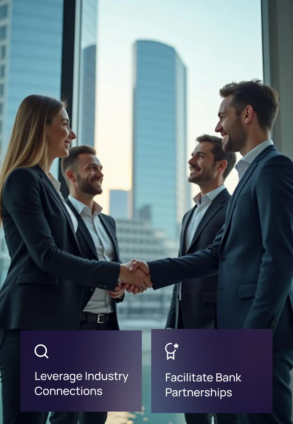 A handshake between professionals in a modern office with a city skyline, symbolizing Fraxtional's leverage of industry connections to facilitate bank partnerships like Bancaire Bank Partnerships.