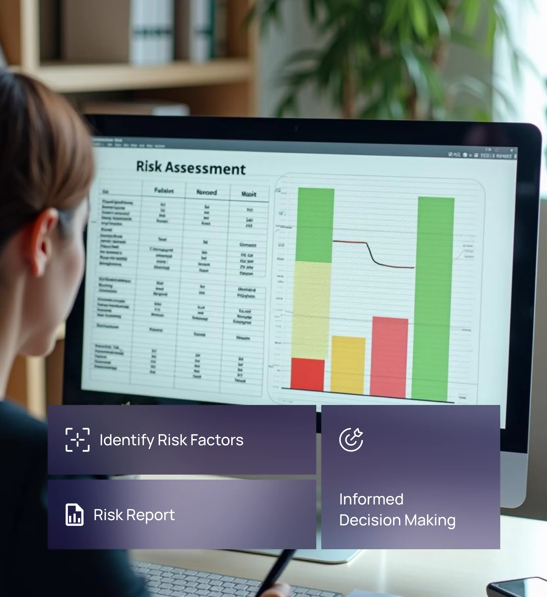 A professional analyzing a risk assessment chart on a computer screen, highlighting Fraxtional's identification of risk factors, risk reporting, and informed decision-making for private equity firms.