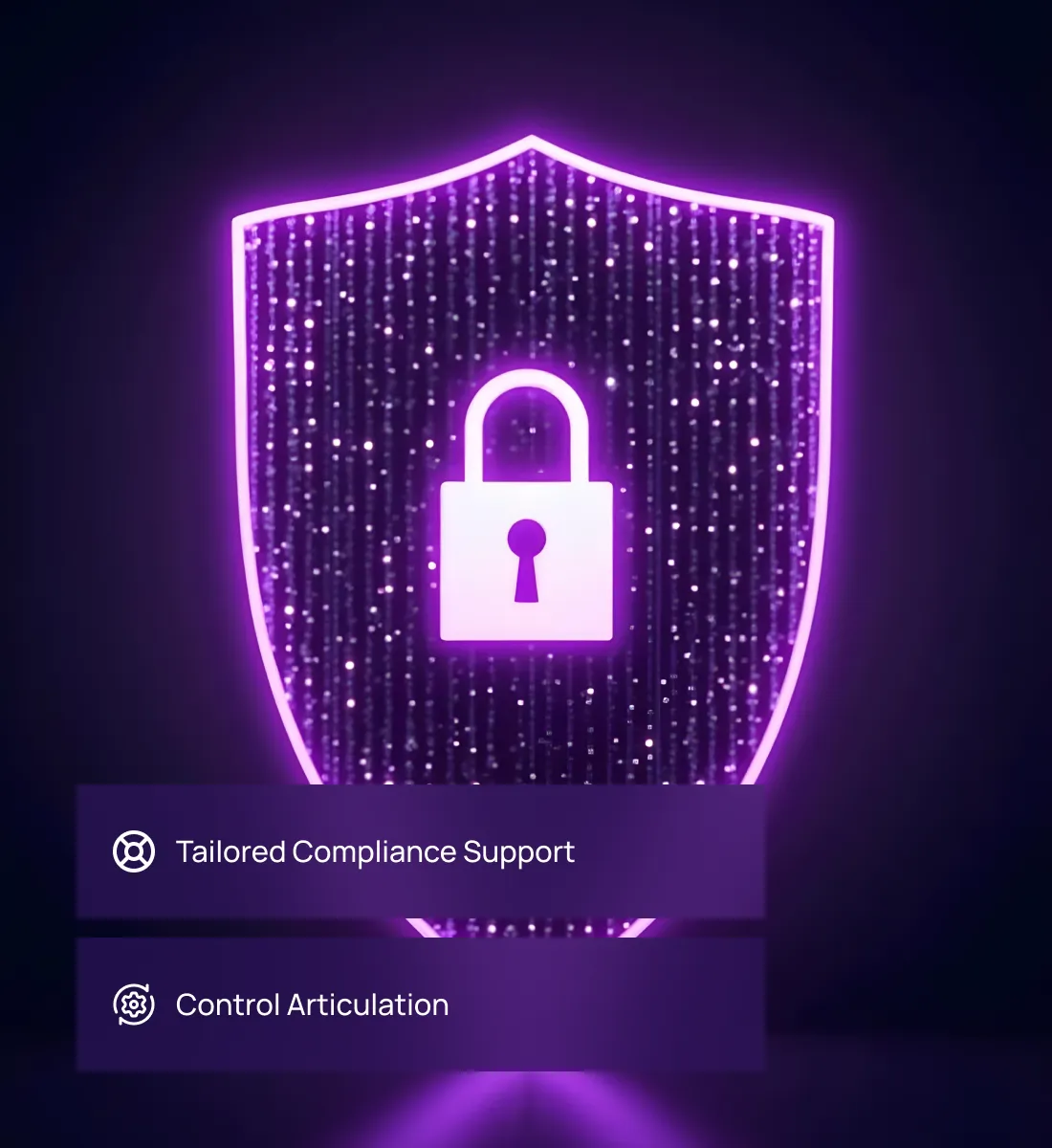 A glowing purple shield with a lock, symbolizing Fraxtional's tailored compliance support and control articulation for secure regulatory adherence.