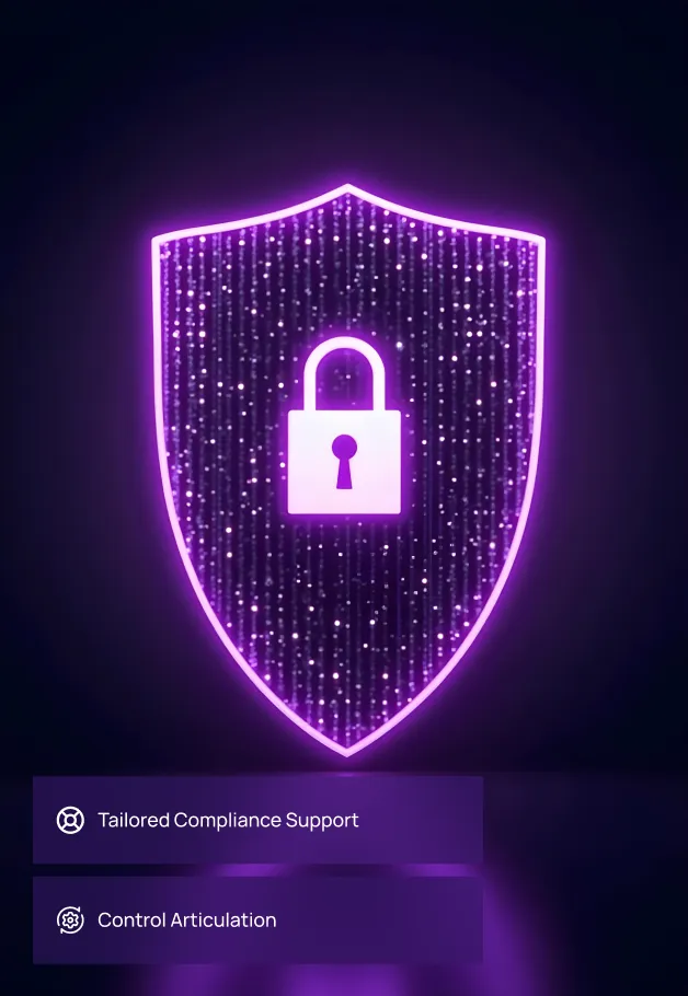 A glowing purple shield with a lock, symbolizing Fraxtional's tailored compliance support and control articulation for secure regulatory adherence.