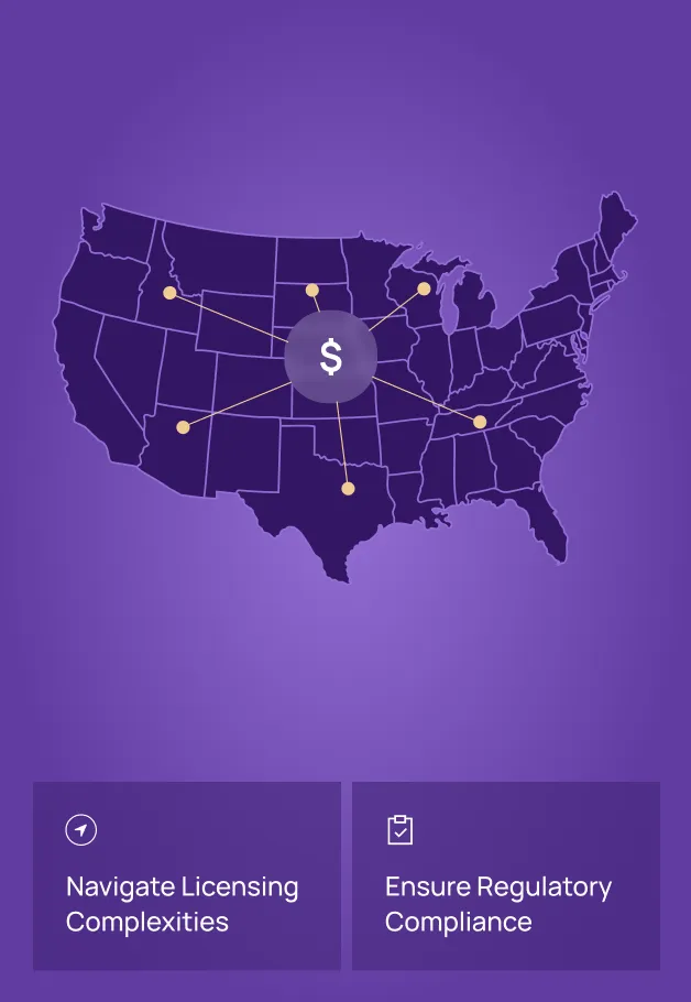 A map of the United States with connected dots and a central dollar sign, representing Fraxtional's navigation of licensing complexities and ensuring regulatory compliance across the country.