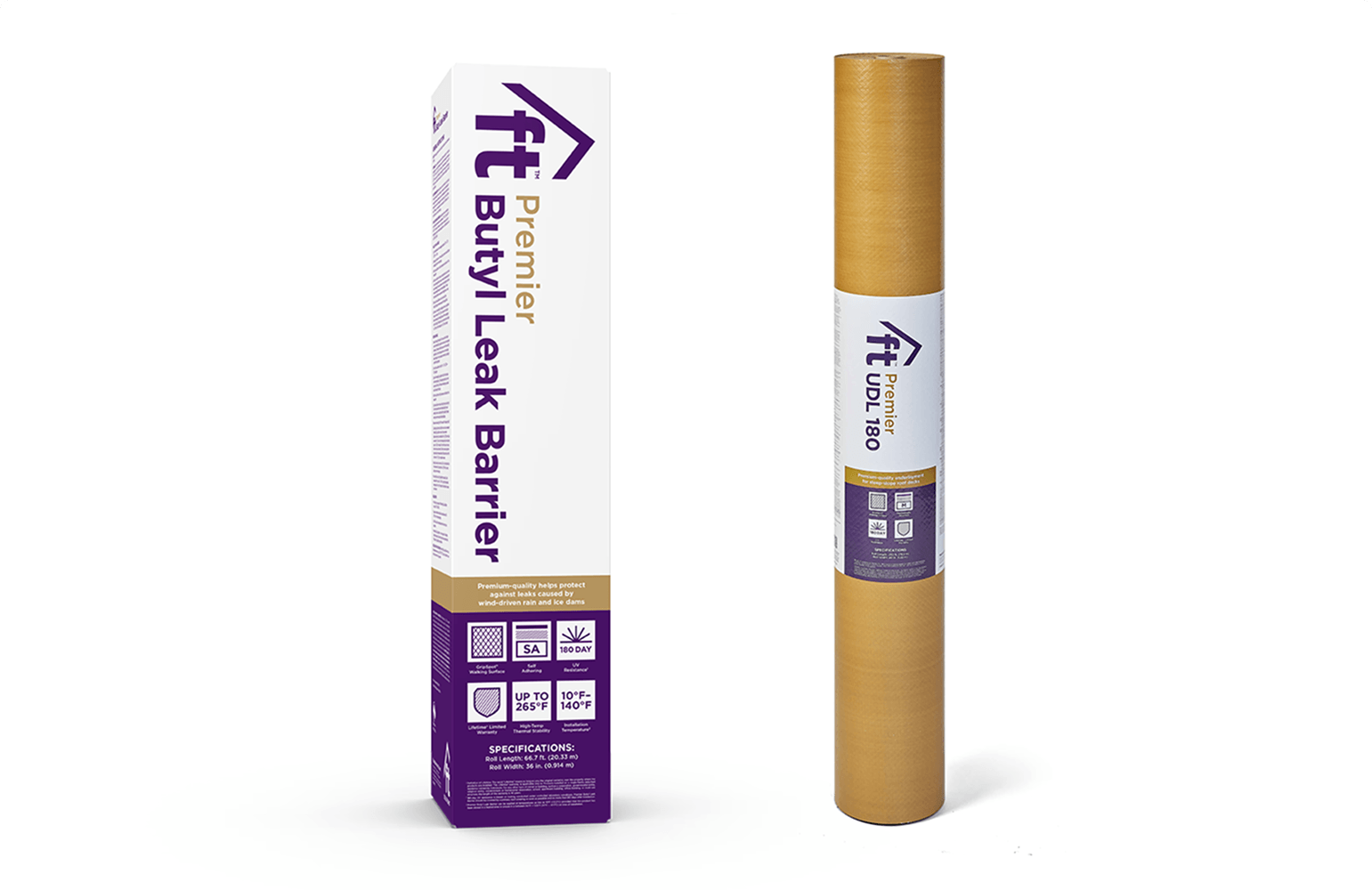 FT Premier Butyl Leak Barrier and UDL 180 roofing underlayment for metal and tile roofs.
