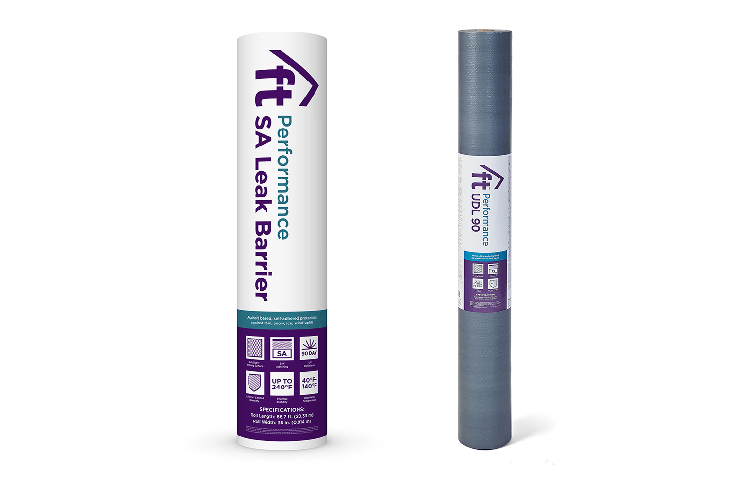 FT Performance SA Leak Barrier and UDL 90 roofing underlayment rolls with GripSpot technology.