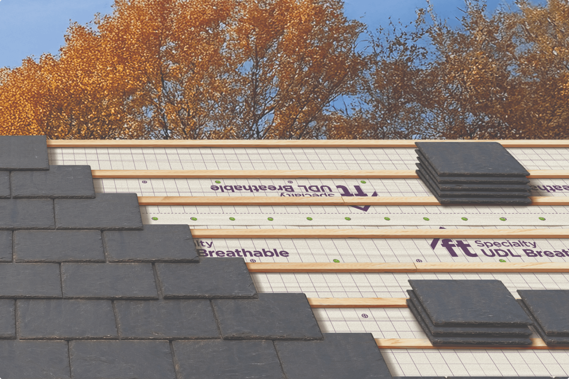 Professional slate tile roof installation over Specialty UDL Breathable underlayment.