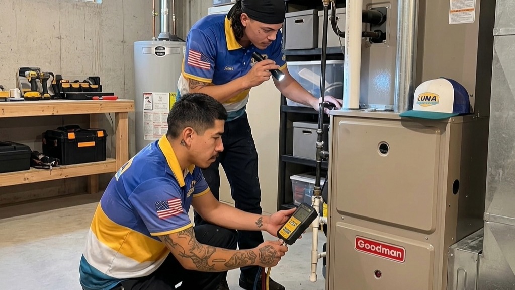 Two Luna HVAC technicians wearing blue and yellow uniform shirts service a residential Goodman furnace inside a residential basement. One technician kneels with a diagnostic meter and gauge set to check system pressure, while the other stands behind, illuminating an upper component of the unit with a flashlight. Professional tool bags and supplies rest on the floor beside them.