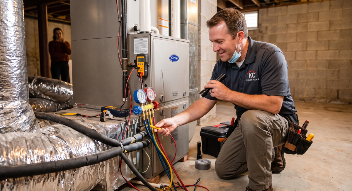 A photo in a well-lit basement shows a crouching man in a grey polo shirt with a "Midwest Inspect" logo and khaki pants inspecting a residential Carrier HVAC furnace unit. He wears a disposable face mask under his chin and holds a small flashlight in his left hand, shining it on a colorful three-gauge HVAC manifold set with yellow, blue, and red hoses that he holds in his right hand. Multiple electrical wires with test probes are clipped to the furnace, and a yellow digital multimeter sits on the unit's base. An insulated air duct lies on the concrete floor near his feet, and a red toolbox and a roll of gray tape are also visible. In the background to the left, a woman stands in shadow, watching.