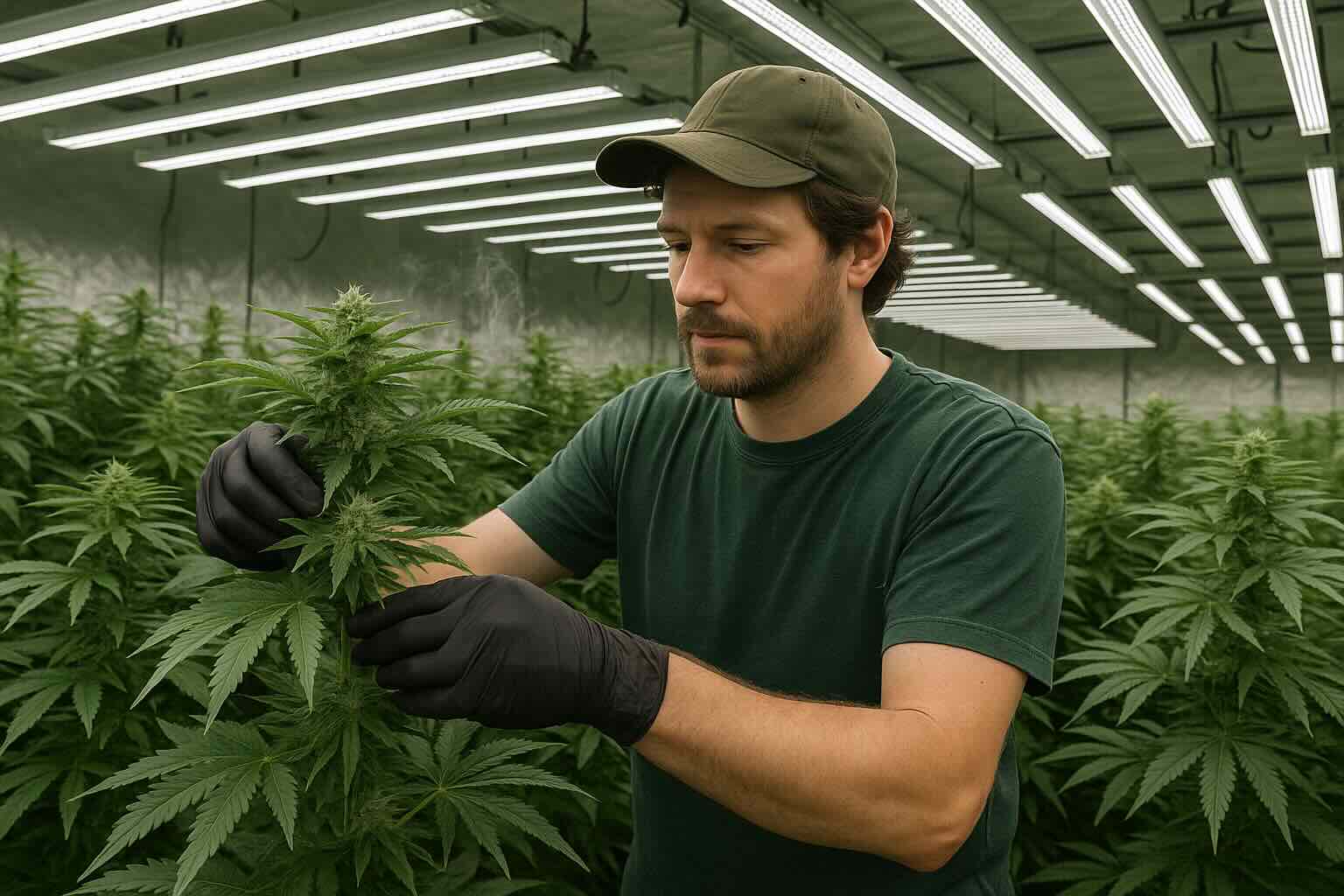 Mann kümmert sich um die Cannabispflanzen eines Anbauvereins
