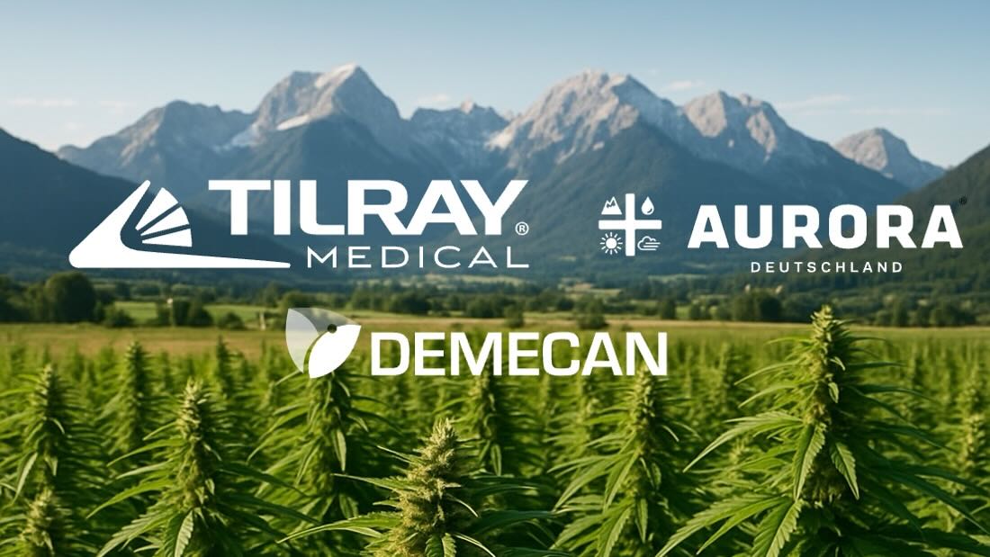 Logo von Demecan, Tilray und Aurora vor einer Landschaft