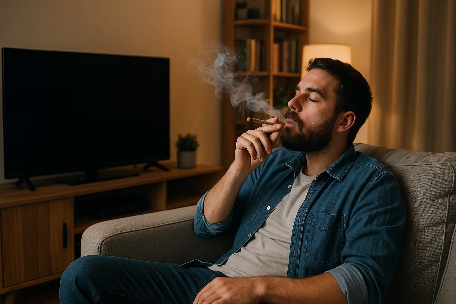 Ein Mann auf einer Couch mit einem Joint im Mund.