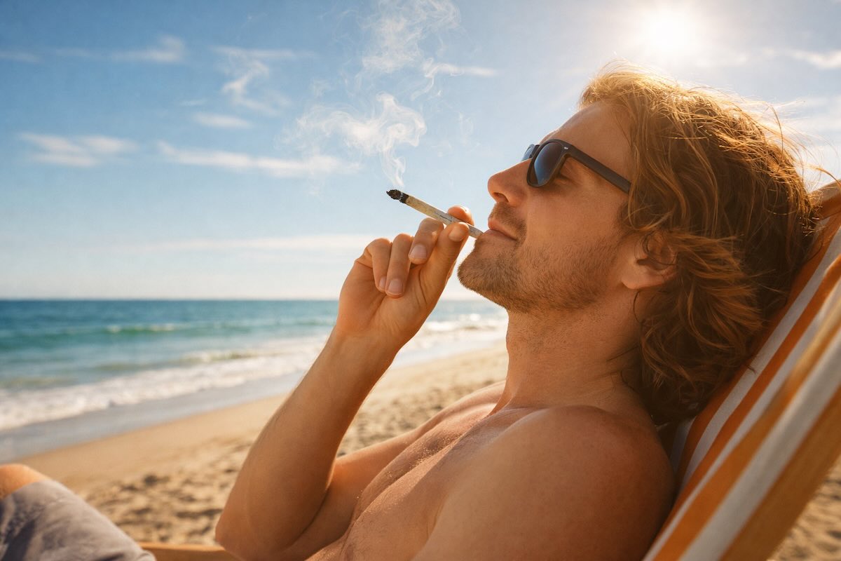 Mann raucht einen Joint am Strand