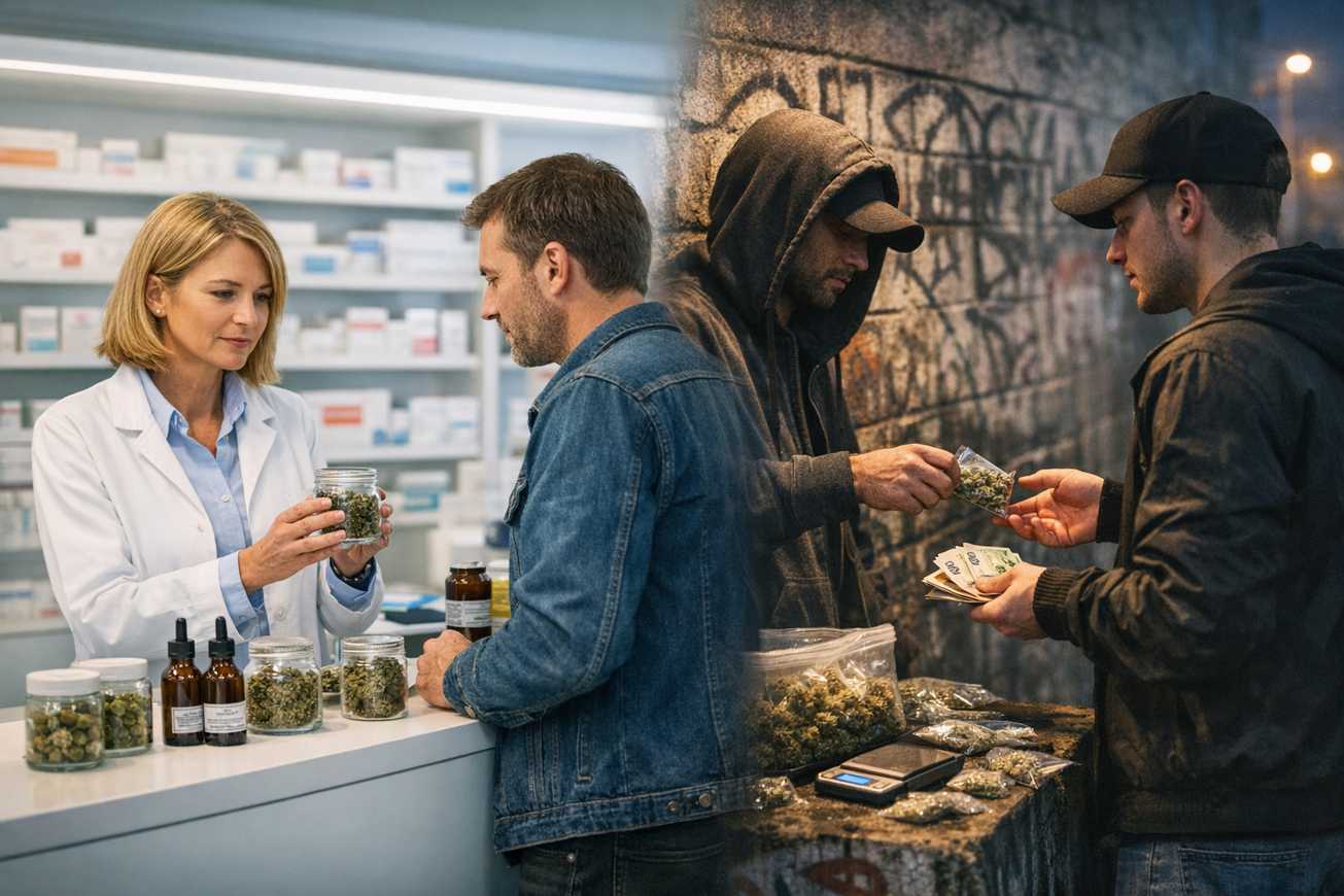 Cannabis verkauf durch Apotheke und Schwarzmarkt