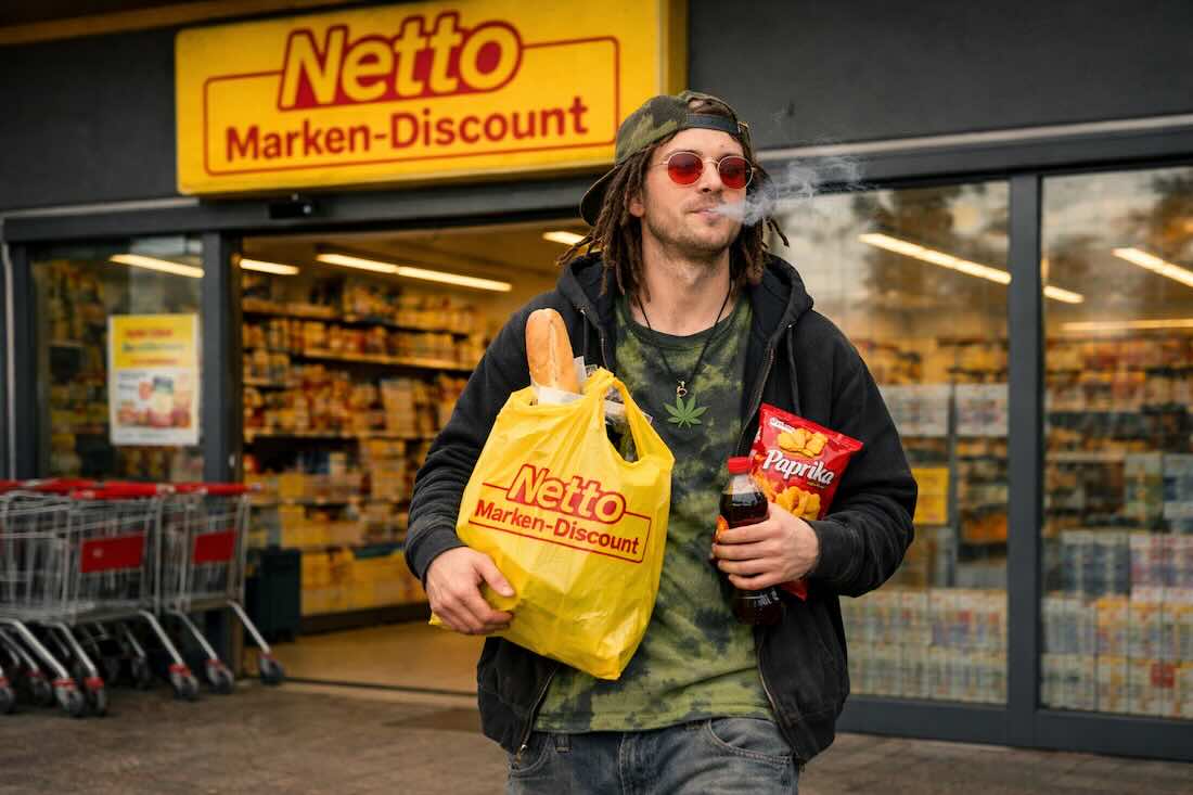 Ein Kiffer, der gerade aus einem Netto rauskommt.