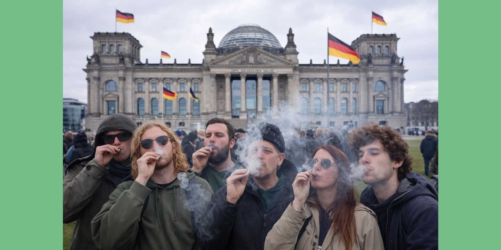 Eine Gruppe kifft vor dem Bundestag