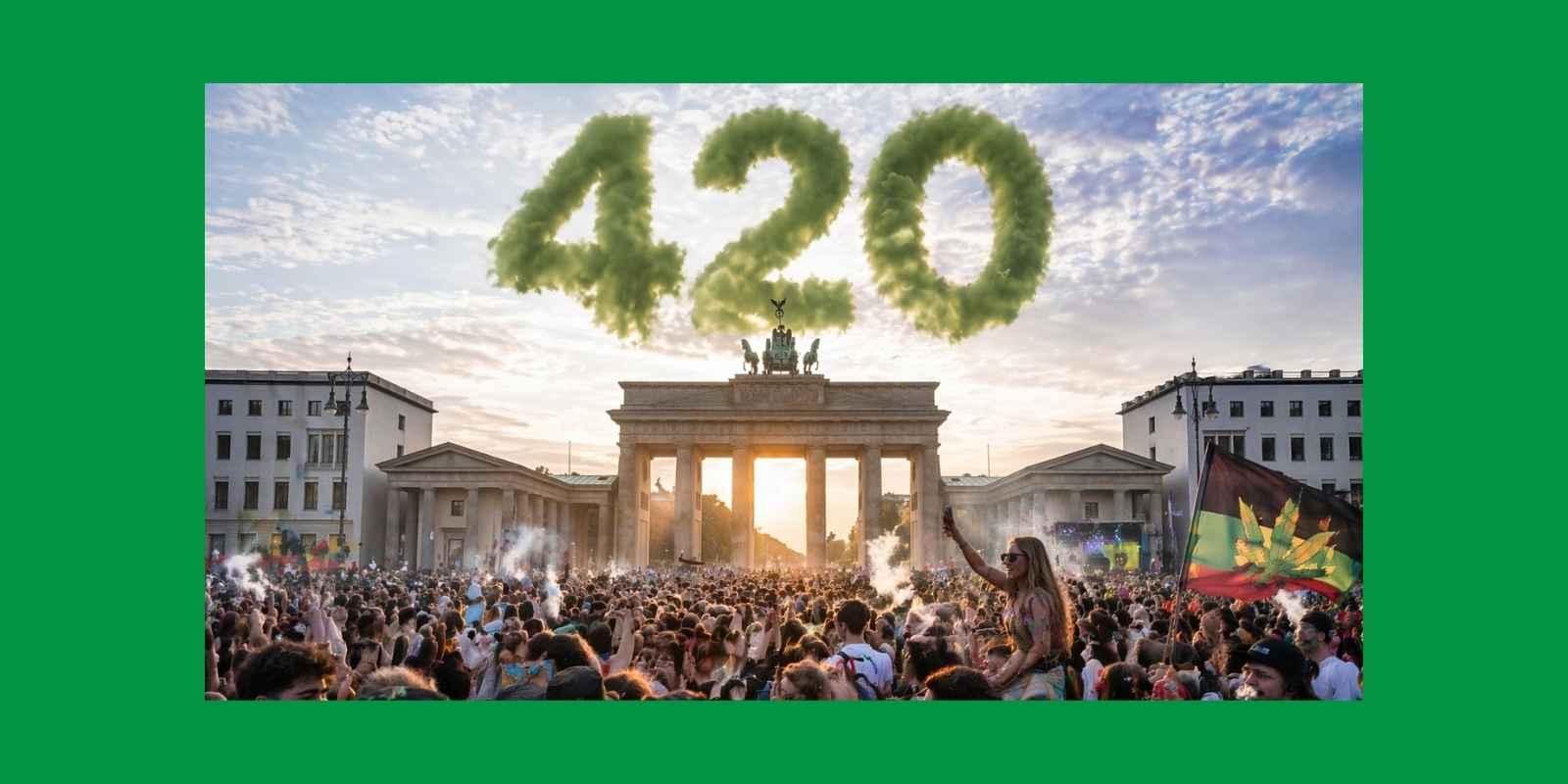 Menschenmenge vor dem Brandenburger Tor. 420 als Zahl über dem Wahrzeichen als Rauch eingeblendet