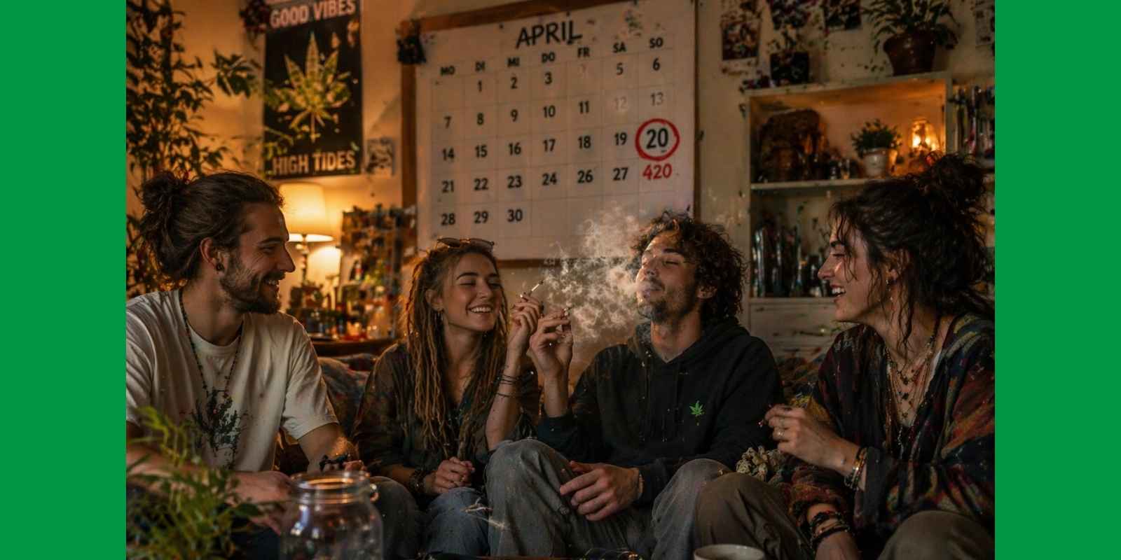 Eine Gruppe von Freunden, die Kiffen. Der Kalender zeigt den 20. April an