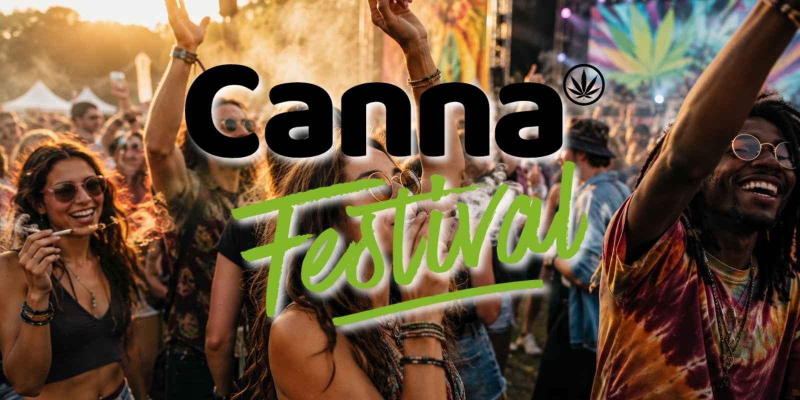CannaFestival Logo und Menschen die zur Musik mit Cannabis feiern.