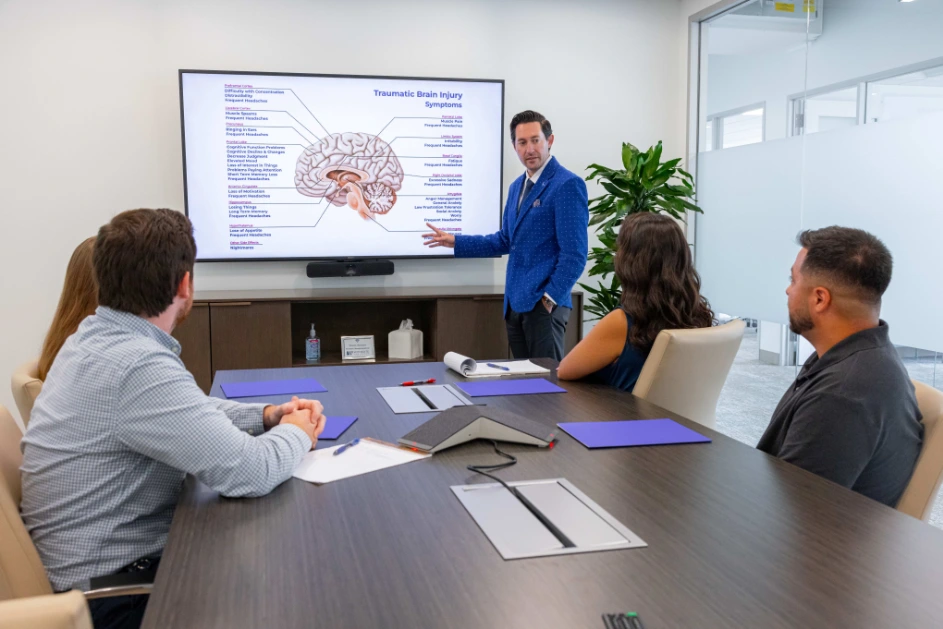 Attorney in a blue suit presenting a diagram of a Traumatic Brain Injury (TBI) on a large screen to three clients or colleagues in a modern conference room meeting.
