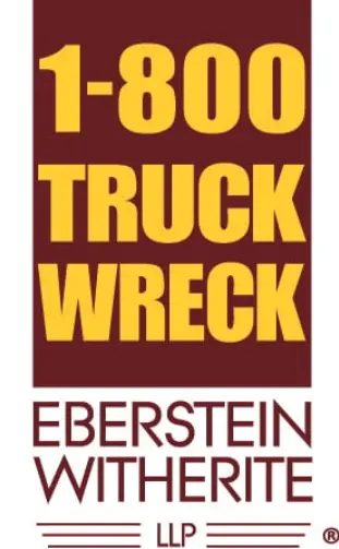 A vertical logo for the legal firm. The top features the phone number "1-800" and the text "TRUCK WRECK" in large, dark yellow font against a maroon background. The bottom part features the text "EBERSTEIN WITHERITE LLP" in maroon font against a white background.