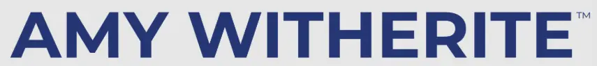 A graphic logo featuring the name "AMY WITHERITE" in large, bold, dark blue capital letters against a light gray background, with a small trademark symbol (TM) at the end.