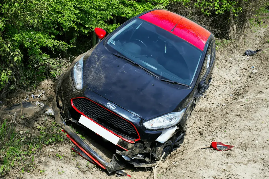 Damaged dark car with a red roof, front bumper ripped off, resulting from an off-road accident or crash, settled deep in the dirt and bushes.