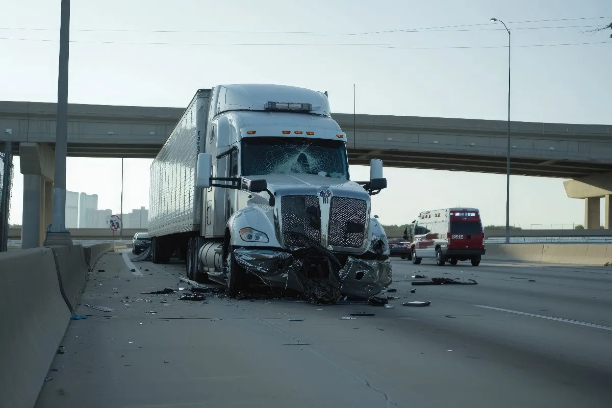 White semi-truck stopped on a highway after an accident, showing major damage to the front end, a smashed windshield, and debris scattered across the road.