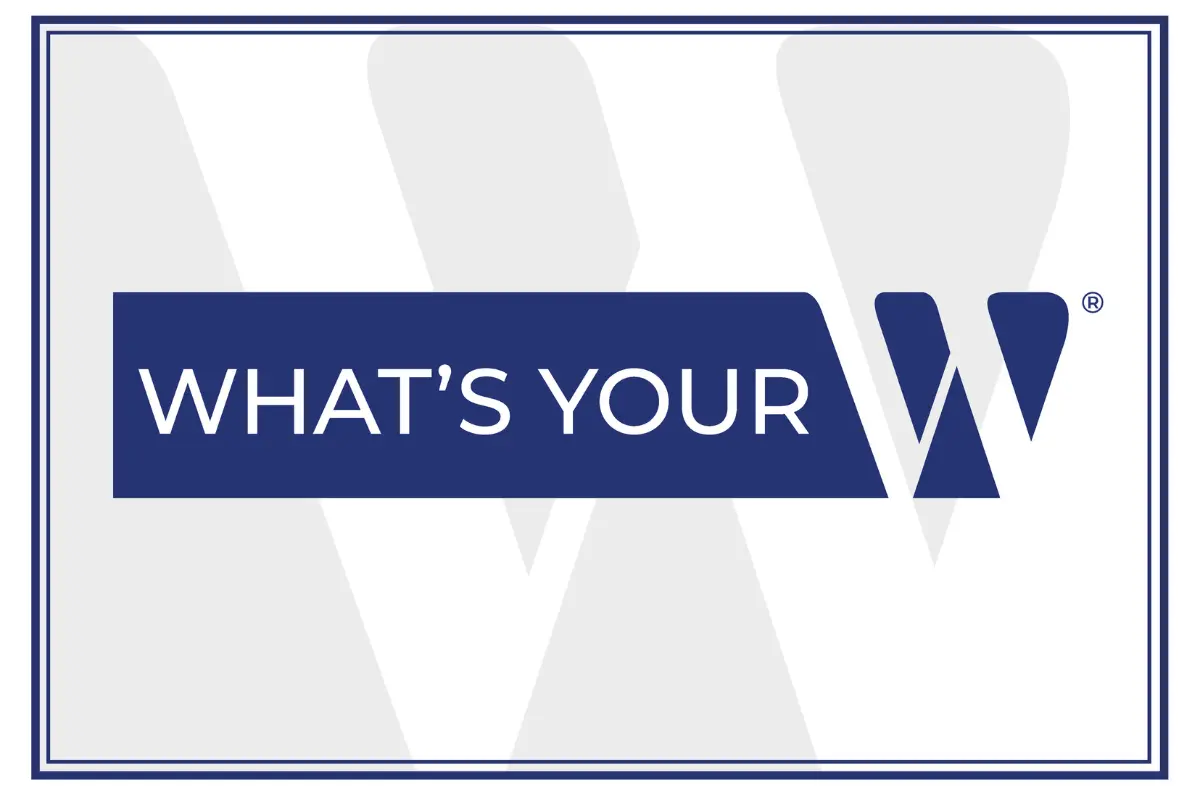 Brand slogan web graphic featuring the text "WHAT'S YOUR W" in white on a blue banner, next to a stylized dark blue 'W' logo with a registration mark.