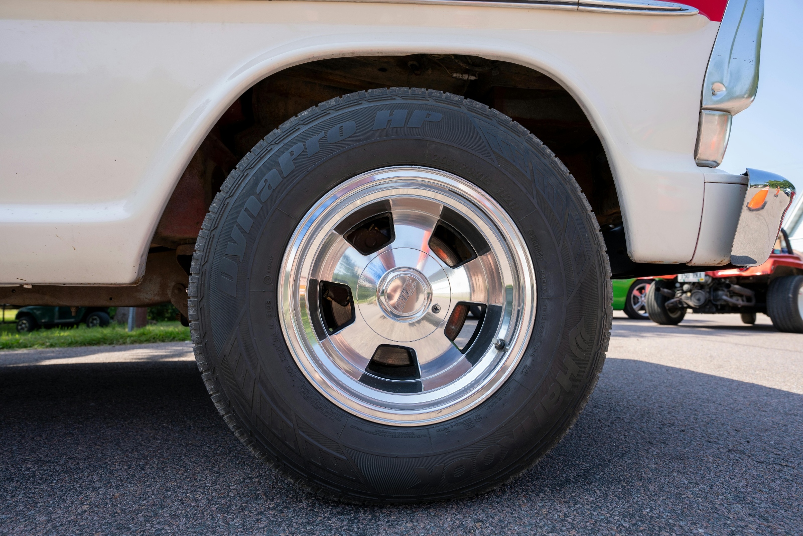 Close-up of a truck tire on the road, illustrating a truck tire blowout