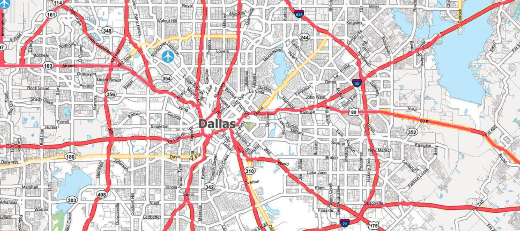 Road map of Dallas, Texas highways and major roads