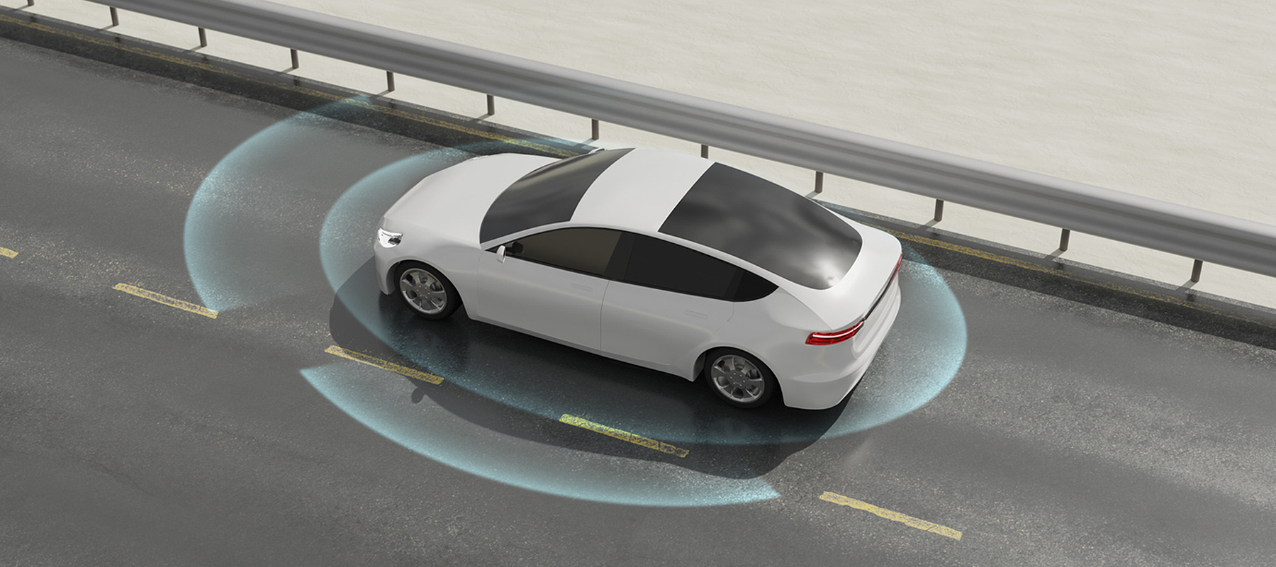 Illustration of a self-driving car using sensors on the road, illustrating safety concerns with autonomous vehicles