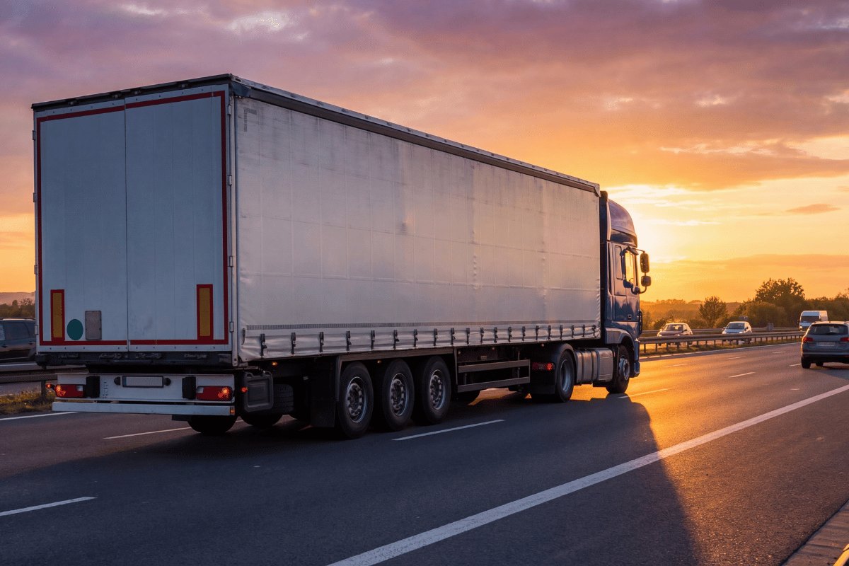 Semi-truck with a trailer on the highway at sunset