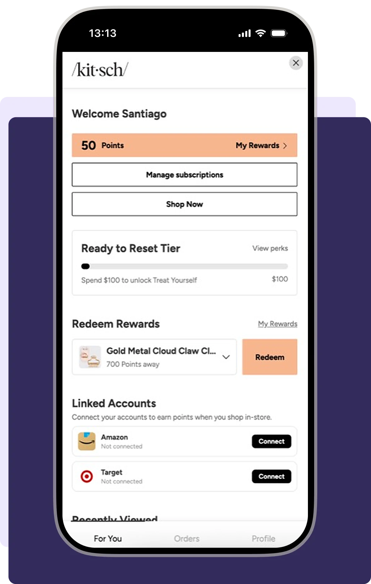 Kitsch's signed-in rewards hub on mobile, showing points, VIP tier progress and rewards