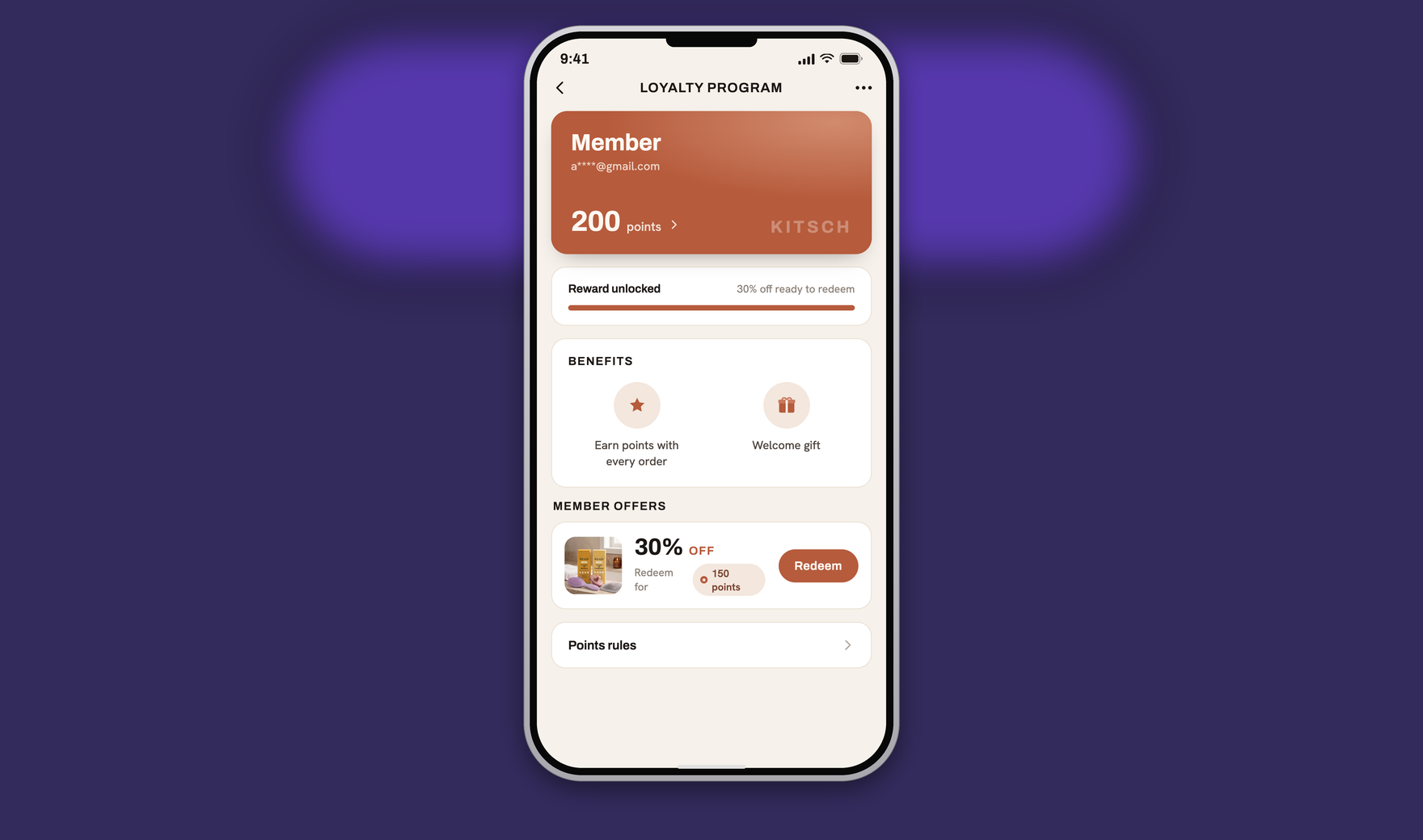 Kitsch loyalty program in an iPhone frame with purple card background