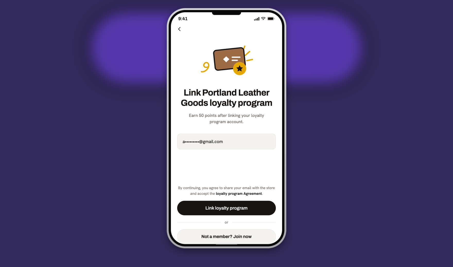 Link Portland Leather Goods loyalty program in an iPhone frame with purple card background
